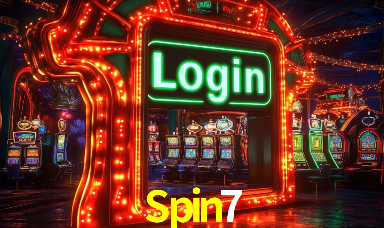 Escena dinámica inspirada en casino con iluminación Spin7, cartas, fichas e íconos de juegos digitales en un espacio moderno de juegos.