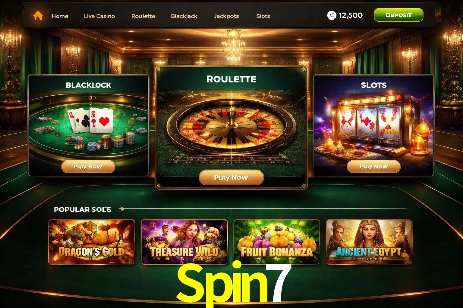 Vista de la plataforma Spin7 Casino mostrando categorías organizadas de juegos en línea
