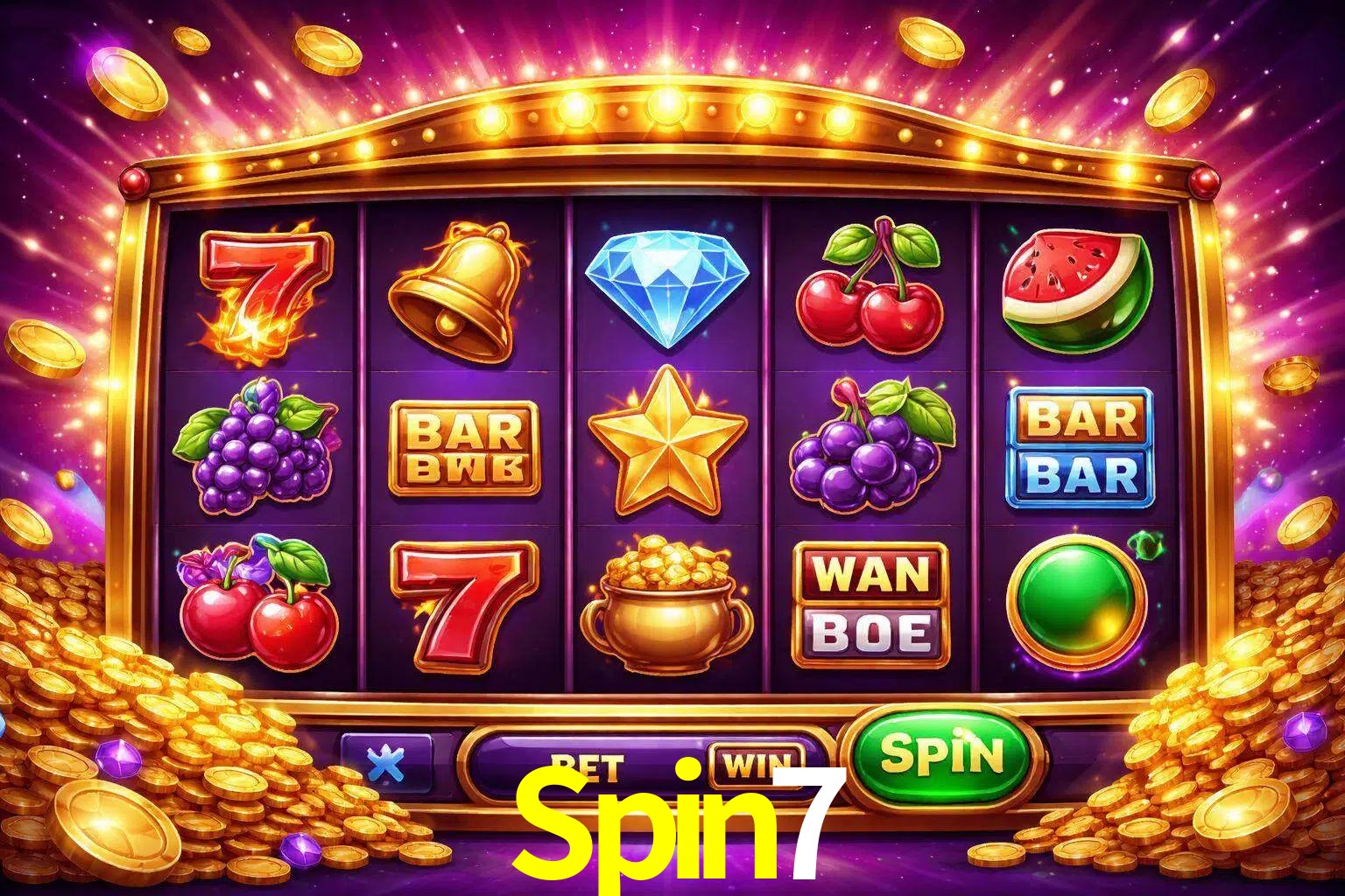 Una interfaz colorida de tragamonedas en línea con símbolos brillantes, monedas y un efecto de victoria celebratoria en Spin7.