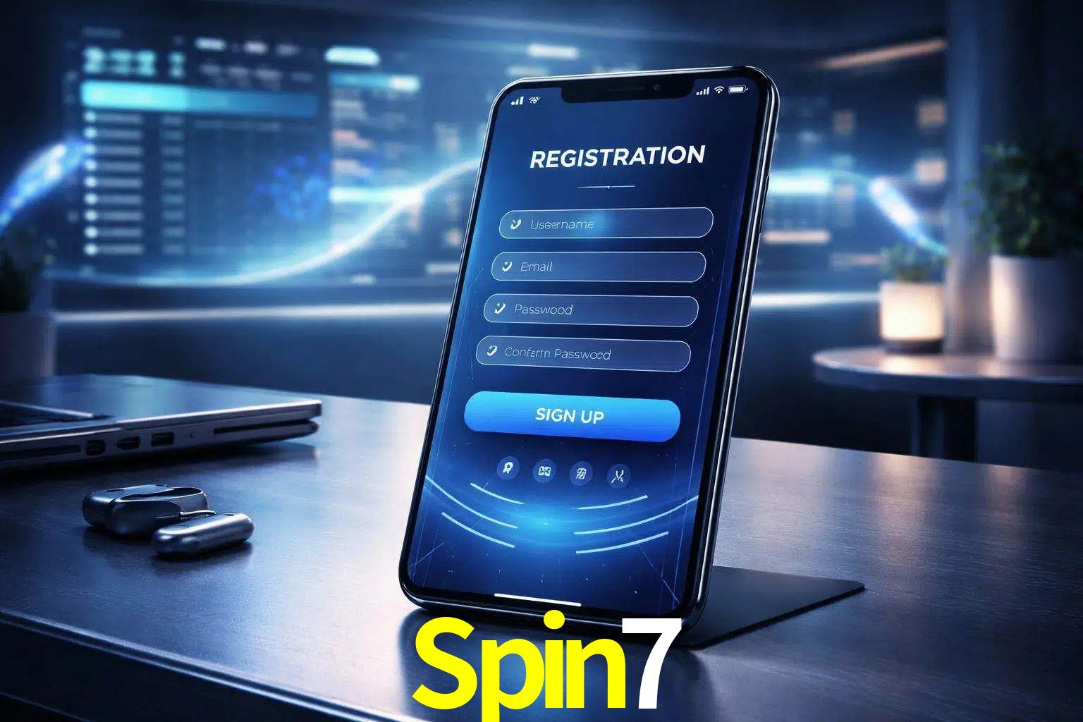 Una interfaz moderna de registro móvil para Spin7 mostrada en un smartphone con un panel de apuestas elegante.